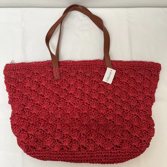 Dress Barn Handbags - *NWT* Dress Barn Red Crocheted Raffia Woven Shoulder Bag Women's Tote